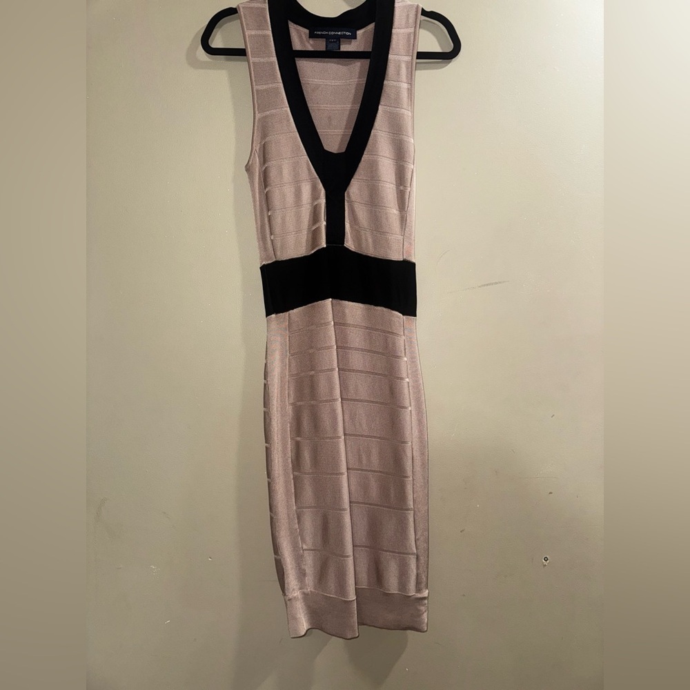 French Connection Black and Cream V-Neck Midi Dress